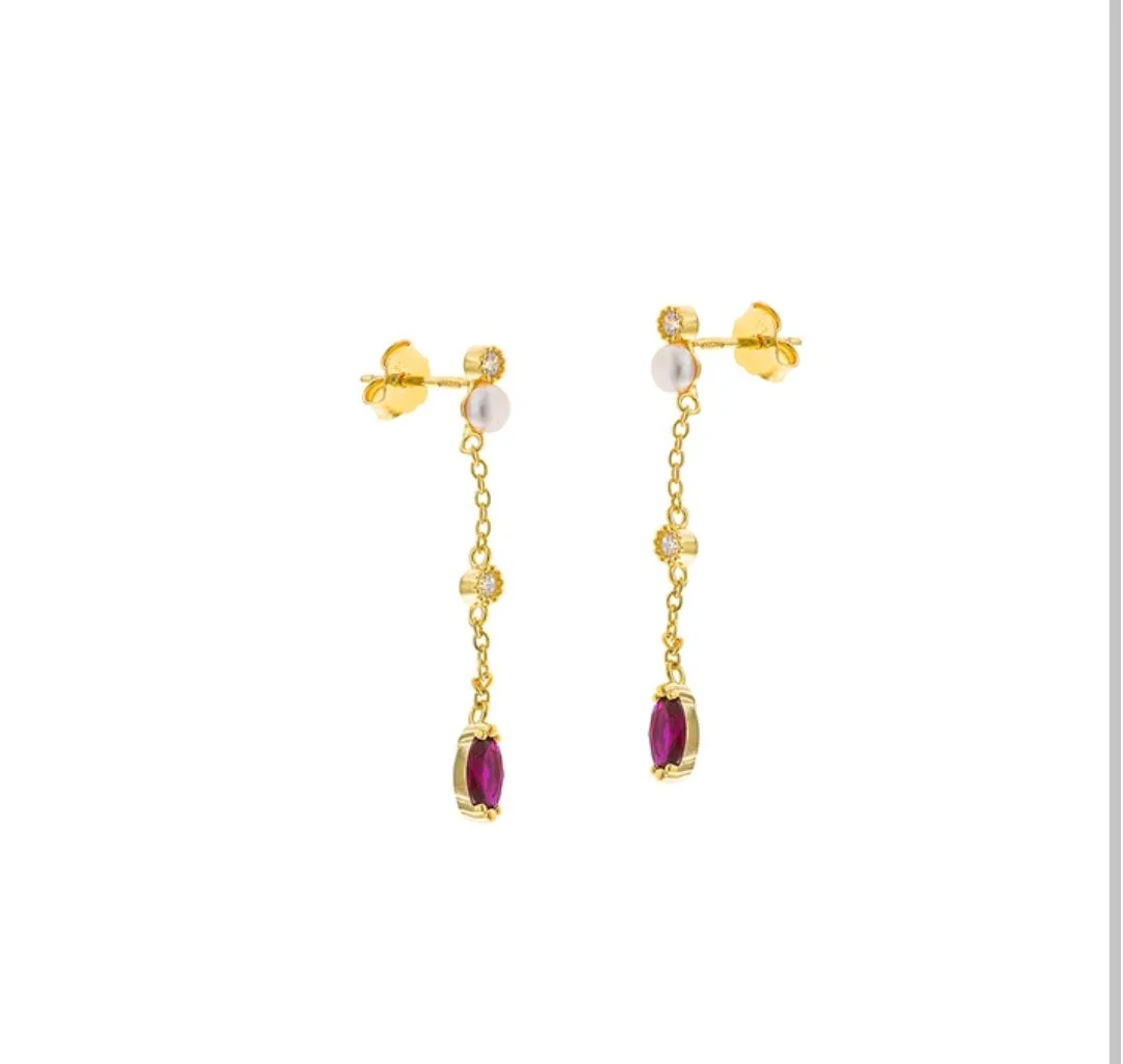 Pendientes Salvatore de plata dorada con piedra fucsia y perla